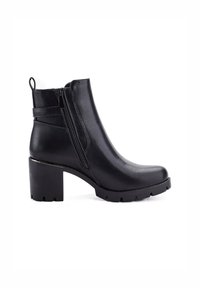 Bottines noires en cuir synthétique lisse. Présentent un talon bloc épais, une fermeture éclair sur le côté et une semelle texturée pour une meilleure adhérence.