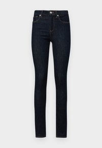 Jeans skinny de cintura alta en azul oscuro con cierre de botón delantero, cremallera y diseño de cinco bolsillos sobre un fondo blanco.
