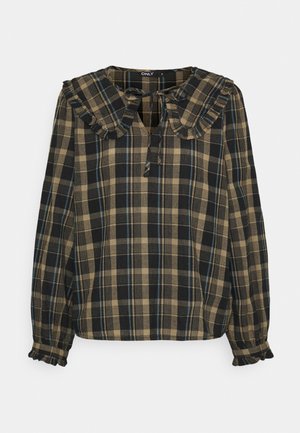 Blouse met lange mouwen in zwart, beige en blauw ruitpatroon, met een gerimpelde kraag en manchetten, en een striksluiting bij de hals.