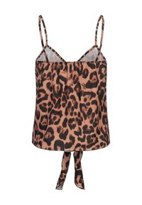 Camisola con stampa leopardata in tonalità di marrone e nero, con spalline sottili e orlo annodato per una vestibilità rilassata. Tessuto morbido con una texture setosa.