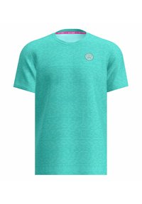 Camiseta de manga corta turquesa con un patrón texturizado. Presenta un cuello redondo y un logotipo en el pecho. Tejido ligero.