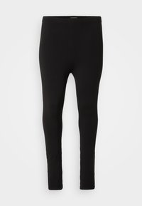 Black leggings made of stretchy, soft fabric. Fitted design with an elastic waistband, no visible patterns or accents. Standard length.