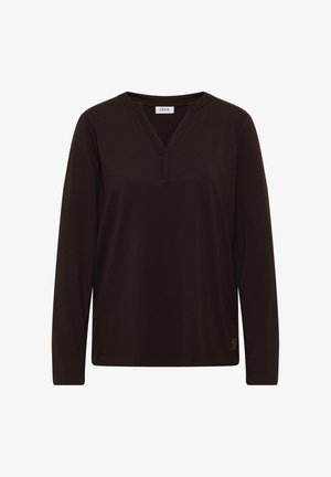 Long-sleeve, V-neck top in dark brown fabric. Features a subtle logo accent on the lower right side. Smooth texture, relaxed fit.