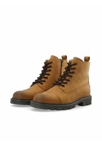 Braune Leder-Stiefeletten mit schwarzen Schnürsenkeln, runder Zehenpartie, seitlichem Reißverschluss und robustem schwarzen Absatz. Glatte Oberfläche mit matter Textur.