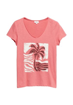 Różowy T-shirt z krótkim rękawem i dekoltem w serek z przodu z grafiką przetartej palmy w białym kwadracie.