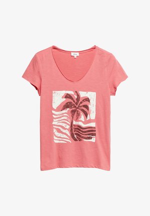 Różowy T-shirt z krótkim rękawem i dekoltem w serek z przodu z grafiką przetartej palmy w białym kwadracie.