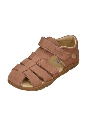 Brown leather closed-toe sandal with adjustable Velcro straps and cushioned interior, size 28, designed for children.