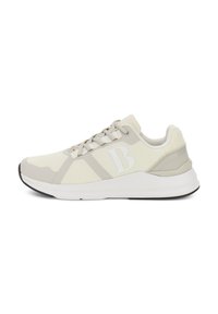 Scarpe da ginnastica beige chiaro con tomaia in rete, dettagli grigi e logo "B" bianco ben visibile; superficie testurizzata e suola ammortizzata.