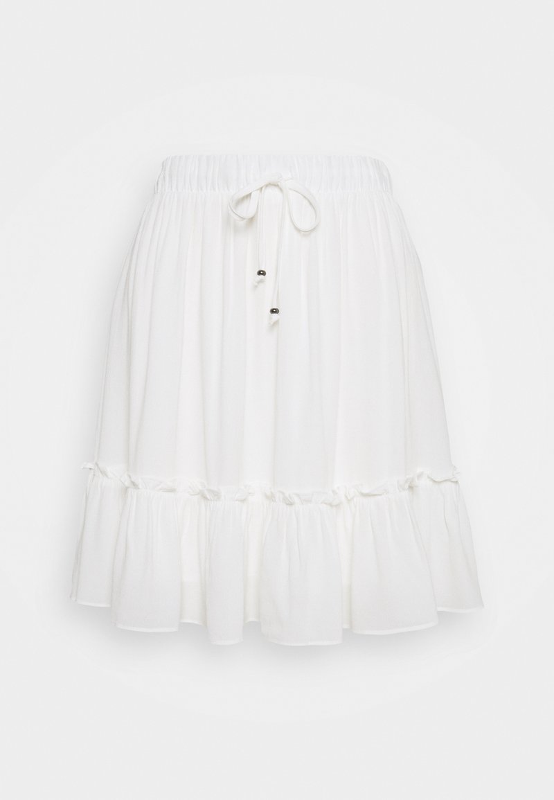 Jupe blanche longueur genou avec taille élastique, cordon de serrage orné de perles et détail d'ourlet à volants.