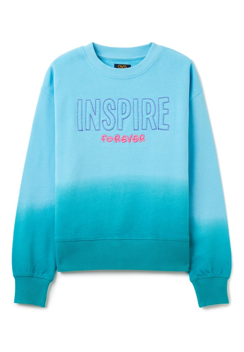 Sudadera con degradado azul y teal, con puños y dobladillo acanalados, que presenta "INSPIRE forever" bordado en púrpura y rosa en la parte delantera.