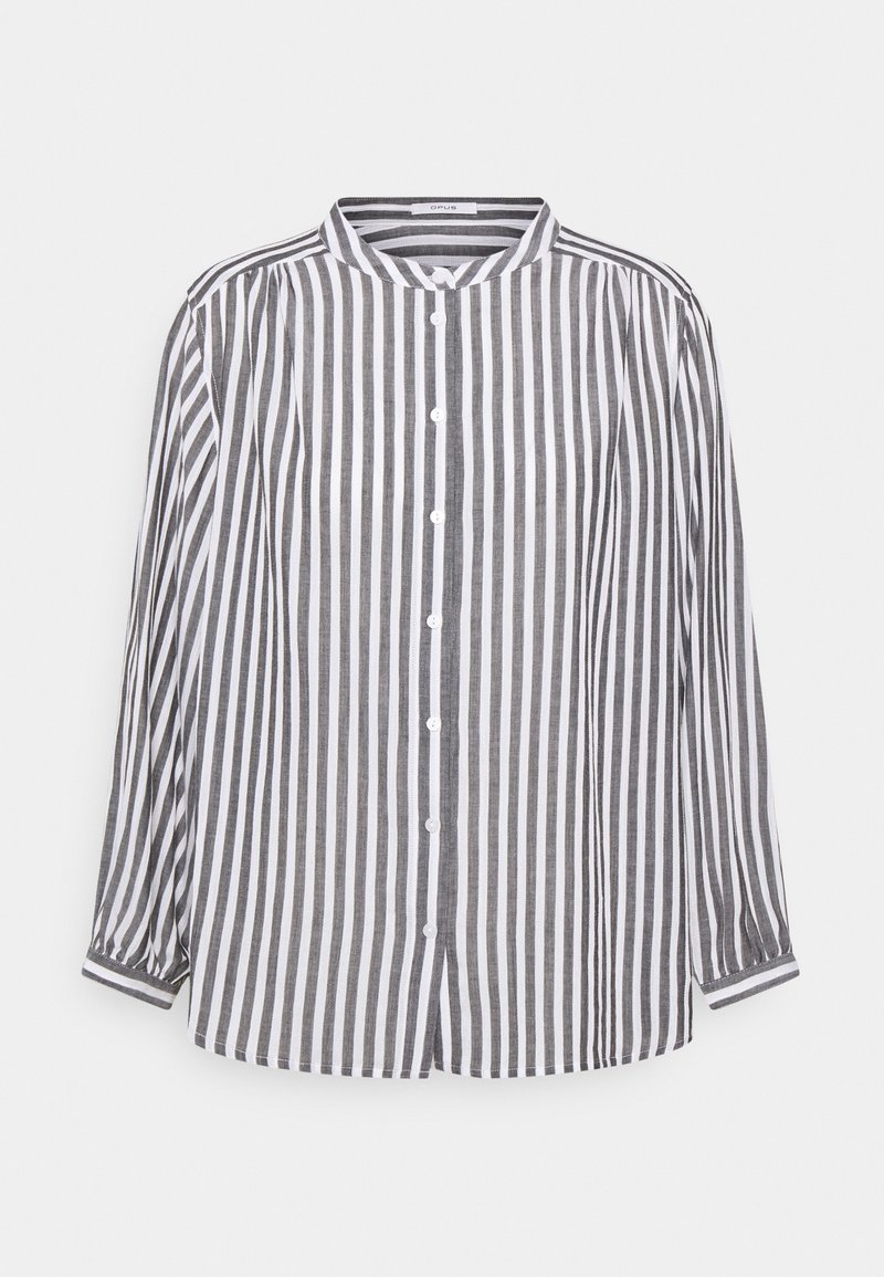 Chemise à manches longues rayée verticalement noir et blanc, boutonnée devant, avec un petit col montant sur un fond uni.