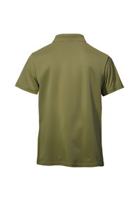 Polo a manica corta, verde oliva, realizzato in tessuto liscio con colletto, caratterizzato da un orlo dritto e dettagli di cucitura minimali.