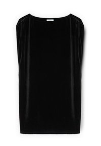 Schwarzes ärmelloses Oberteil aus glattem Samtstoff. Verfügt über einen weiten Ausschnitt und geraffte Details an den Schultern. Einfach geformt in rechteckiger Form.