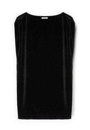 Top nero senza maniche in tessuto di velluto liscio. Presenta una scollatura ampia e dettagli arricciati sulle spalle. Forma rettangolare semplice.