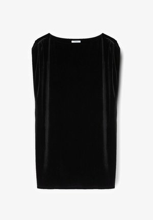 Top nero senza maniche in tessuto di velluto liscio. Presenta una scollatura ampia e dettagli arricciati sulle spalle. Forma rettangolare semplice.