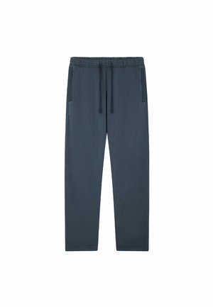 Pantalon décontracté gris foncé avec taille élastique et cordon de serrage, doté de poches latérales avec détail côtelé.
