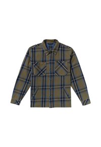 Camicia a quadri in verde oliva e blu con due tasche sul petto, chiusura frontale con bottoni e colletto. Realizzata in tessuto di flanella, presenta un aspetto texturizzato.