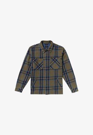Chemise à carreaux en vert olive et bleu avec deux poches poitrine, fermeture à boutons sur le devant et col. Fabriquée en tissu flanelle, présentant une apparence texturée.