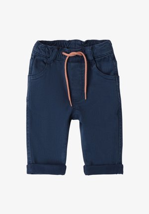 Pantalons en denim bleu marine avec une taille élastique et un cordon de serrage orange ajustable. Comprend deux poches avant, des poignets roulés et une texture lisse.