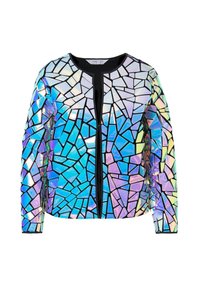 Iridescent jakke med et mosaikmønster i nuancer af blå, lilla og sort, med sort kant og en frontåbning.