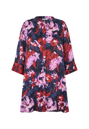 Camicia floreale in tonalità navy, rosso e rosa con design senza colletto e maniche a tre quarti. Presenta una chiusura a bottoni sul davanti e una silhouette fluida.