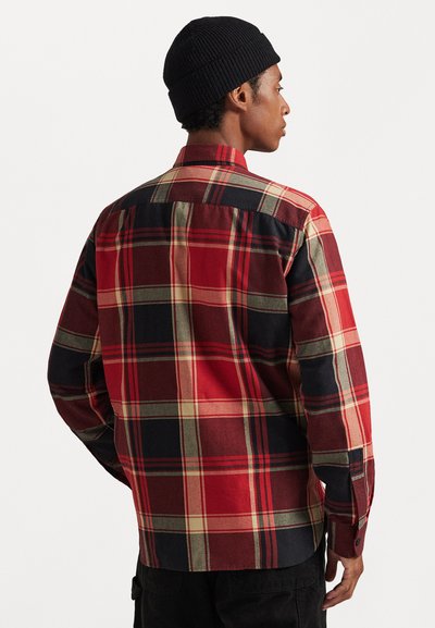 Red and black plaid flannel shirt with a button-down collar, long sleeves, and a single back yoke detail. Textured fabric with contrasting colors.