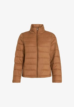 Doudoune brune isolée avec un col montant, une fermeture éclair à l'avant et un motif matelassé. Elle dispose de manches longues et d'une coupe décontractée.