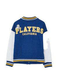 Niebiesko-biała sportowa kurtka z prążkowanymi ściągaczami na rękawach i u dołu, z żółtym napisem "PLAYERS CALIFORNIA" oraz grafiką lwa. Materiał z mieszanki bawełny.