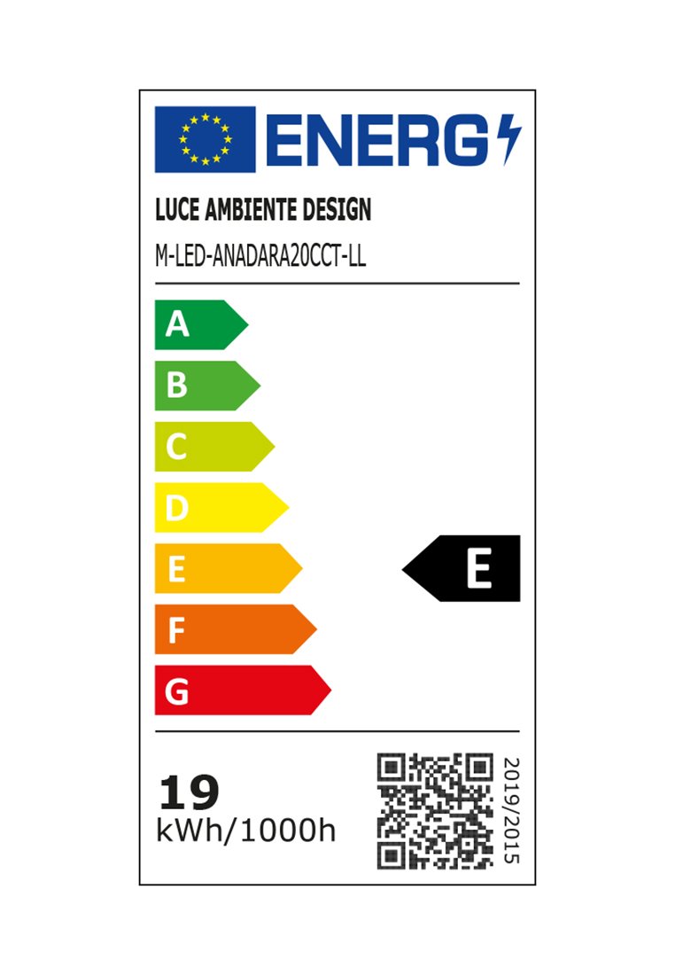Energiemerkmal für LED-Lampe, zeigt Effizienzbewertungen von A bis G in Grün bis Rot an. Enthält Produktdetails, QR-Code und Energieverbrauch von 19 kWh/1000h.