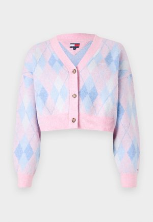 Cropped cardigan featuring a pink and blue argyle pattern, made of soft material with a v-neck, five buttons, and ribbed cuffs.