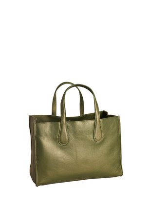 Olive green leather handbag with two handles, rectangular shape, and minimal stitching detail, shown against a white background.