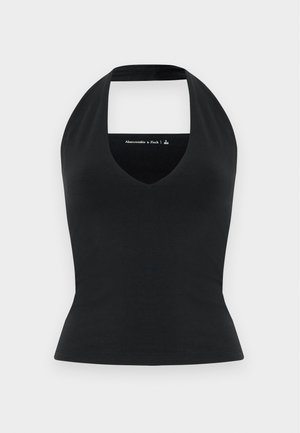 Haut à halter noir avec un décolleté en V profond et un dos ouvert, fabriqué à partir d'un tissu lisse, silhouette ajustée, branding minimal dans une couleur contrastante.