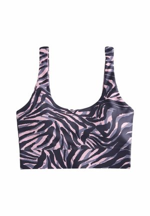 Biustonosz sportowy z szerokimi ramionami i wzorem różowo-czarnych pasków zebry, zaprojektowany dla wsparcia i aktywnego użytkowania.