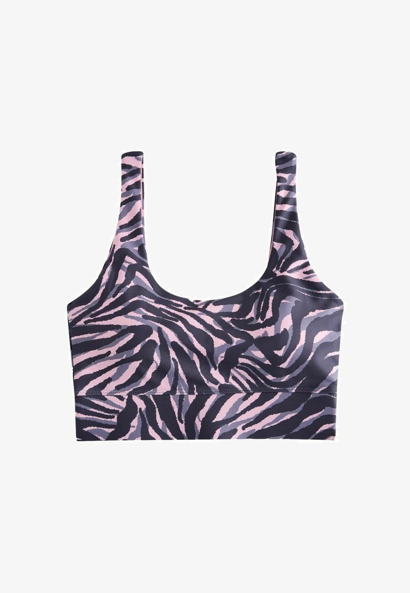 Sportbeha met brede bandjes en een roze-zwart zebraprintpatroon, ontworpen voor ondersteuning en actieve draagcomfort.