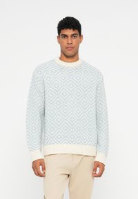 Fiatal férfi világoskék és fehér rombuszmintás kötött pulóverben és bézs nadrágban áll egy fehér háttér előtt.