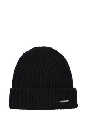 Czarna dzianinowa czapka beanie z prążkowaną teksturą i podwiniętym mankietem. Zawiera małą szaro-skalową metkę z logo z przodu.