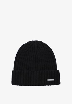Czarna dzianinowa czapka beanie z prążkowaną teksturą i podwiniętym mankietem. Zawiera małą szaro-skalową metkę z logo z przodu.