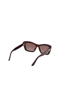 Brown tortoiseshell sunglasses with rectangular frames, dark gradient lenses, slim arms, and silver accent on the temple.