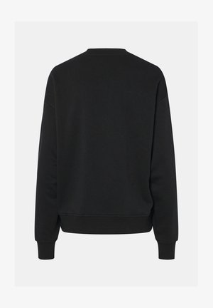 Čierna mikina s okrúhlym výstrihom a dlhými rukávmi, s voľným strihom a rebrovanými manžetami. Hladká textúra látky, bez viditeľných vzorov.