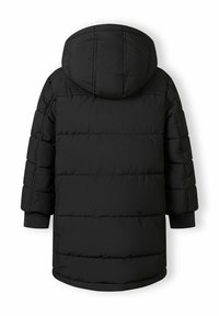 Melna pūkainā jaka ar kapuci, ar izšūtu dizainu, elastīgām piedurknēm un vidēja garuma griezumu. Matēta virsma bez redzamām detaļām.