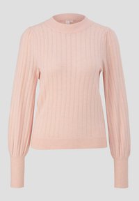 Jasnoróżowy sweter w prążki z wysokim dekoltem i bufkami. Wykonany z miękkiego materiału, posiada długie rękawy i dopasowane mankiety.