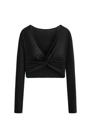 Čierny dlhý crop-top s dlhými rukávmi, hlbokým výstrihom do V a detailom predného uzla, vyrobený z hladkej, pružnej látky.