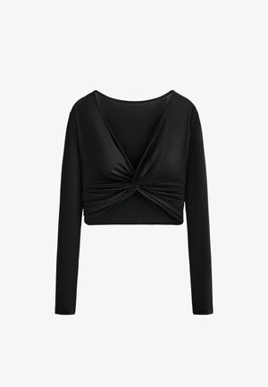 Čierny dlhý crop-top s dlhými rukávmi, hlbokým výstrihom do V a detailom predného uzla, vyrobený z hladkej, pružnej látky.