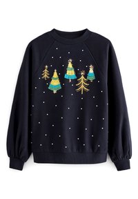 Pullover navy con alberi di Natale ricamati in verde e oro, con puntini bianchi su tutto il tessuto e polsini e orlo a coste.