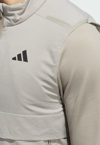 Svijetlo siva sportska jakna s glatkom teksturom, visokim ovratnikom i crnim logotipom. Elegantni dizajn s slojevitim detaljima.