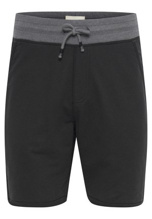 Pantaloni scurți negri dintr-un material moale, cu un brâu elastic gri și șnur, având o textură netedă, concepuți pentru confort.