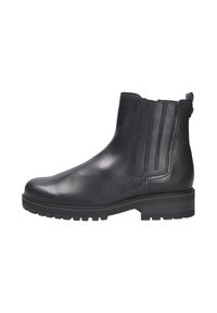 Zwarte leren enkelboot met elastische zijpanele, ronde neus, gestructureerde rubberen zool en een trekband aan de achterkant voor gemakkelijk aantrekken.