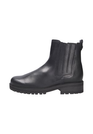 Zwarte leren enkelboot met elastische zijpanele, ronde neus, gestructureerde rubberen zool en een trekband aan de achterkant voor gemakkelijk aantrekken.