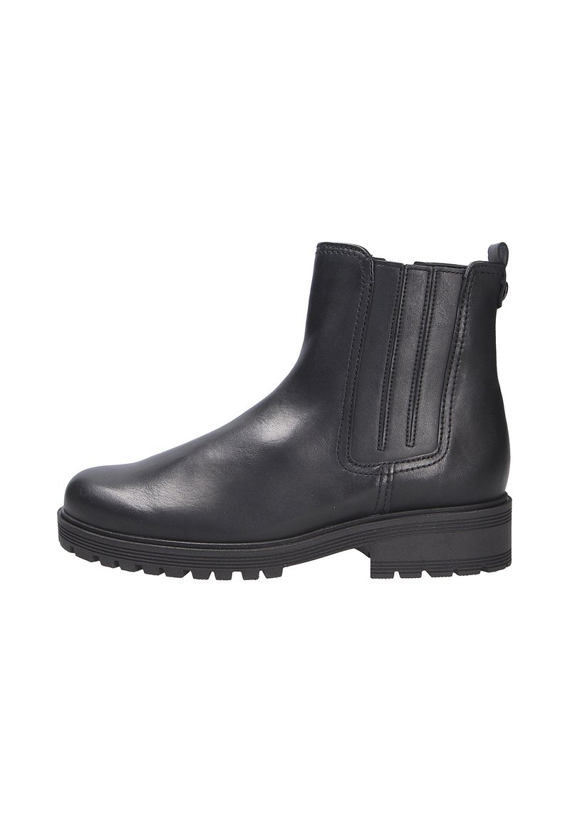 Zwarte leren enkelboot met elastische zijpanele, ronde neus, gestructureerde rubberen zool en een trekband aan de achterkant voor gemakkelijk aantrekken.