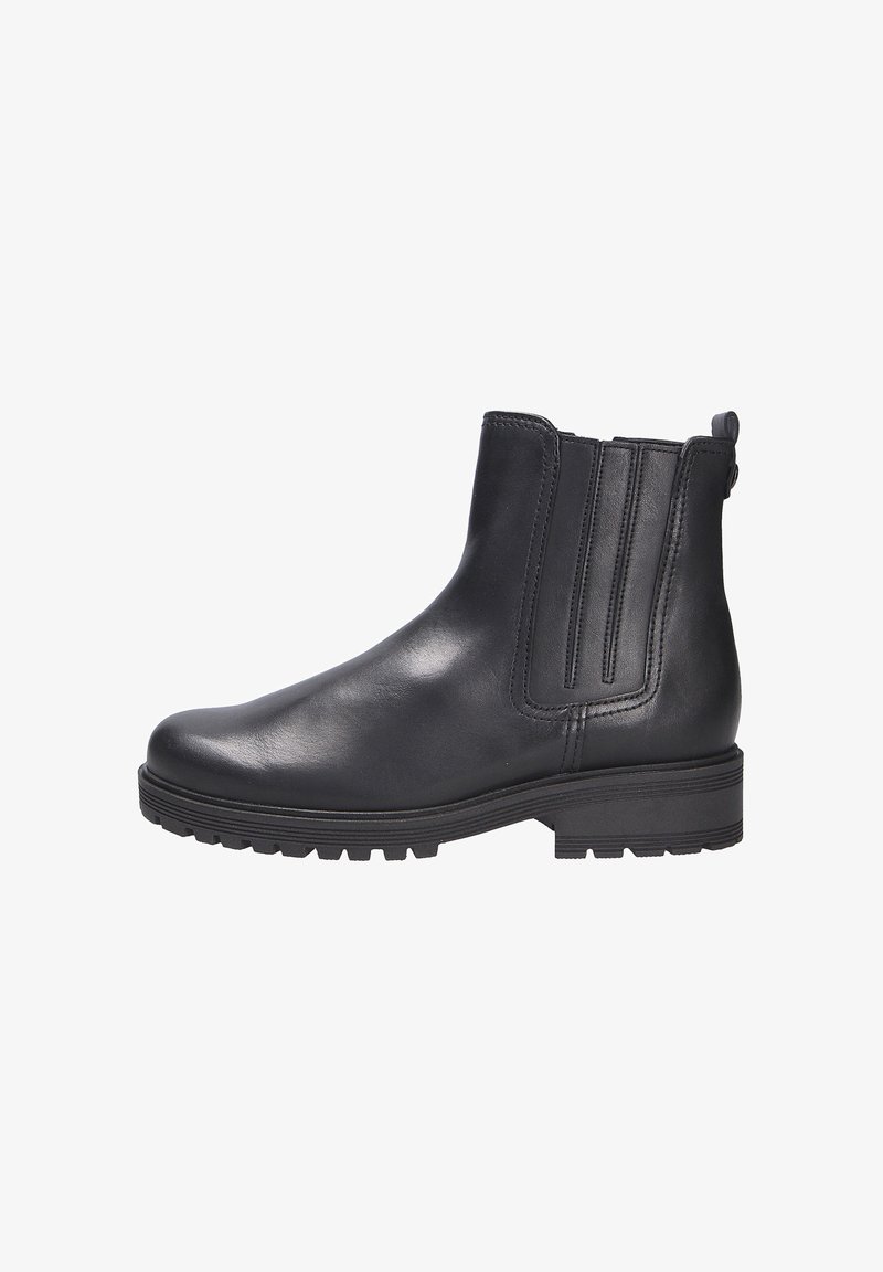 Zwarte leren enkelboot met elastische zijpanele, ronde neus, gestructureerde rubberen zool en een trekband aan de achterkant voor gemakkelijk aantrekken.